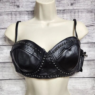 Vintage First Leather Bra Bralette Top Size Medium Black Studded Grunge Emo Y2K - Image 1 of 4