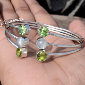 Faceted Peridot & Moonstone Gemstone 925 Sterling Silver Bangle For Birthday - Picture 1 of 5
