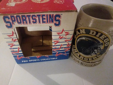 Vintage San Diego Chargers Sportsteins Dram Tree Textured/Raised Mug With Box Cover