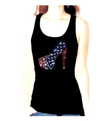 RHINESTONE HIGH HEEL SHOE FLAG JULY 4TH USA POLITICAL ELECTION BLING TANK TOP - Image 1 of 2