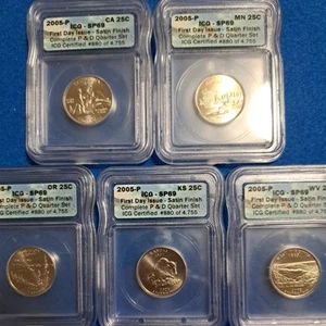 2005-P Satin Finish SP69 Quarters. 5 Coin Set! First Day Issue Specimen 69 coins - Picture 1 of 7