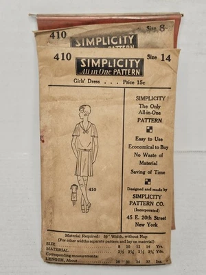 Vintage Simplicity Pattern #410 1920s Girls Dress NOS Unused SZ 8 14 Flapper 20s - Image 1 of 4