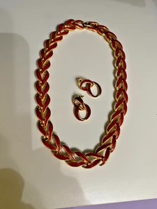 Vintage Gold Tone RED Enamel Set Pierced Earrings and 18 " Choker - Picture 1 of 7