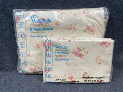 Vtg Wamsutta Ultracale Rose Double Fitted Sheet Set & 2 Standard Pillow 70s NOS - Image 1 of 4