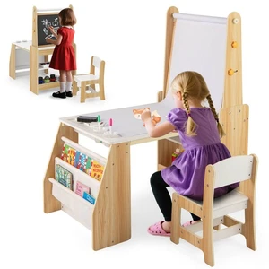 Kids Art Table and Chair Set w/ Easel & Chair Whiteboard & Chalkboard Paper Roll - Picture 1 of 10