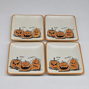 Eli Ana Pumpkin Halloween Appetizer Plates Set Of 4 5x5” Ceramic Eek Scary - Picture 1 of 5