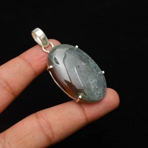Ciondolo gioiello fatto a mano argento sterling 925 pietra preziosa agata muschio indiano 1,96" - Foto 1 di 8
