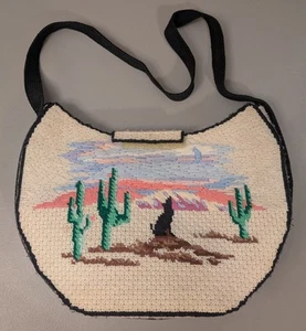 Handmade Southwestern Boho Purse - Cross Stitch Bag - Western Cactus Grannycore - Picture 1 of 23