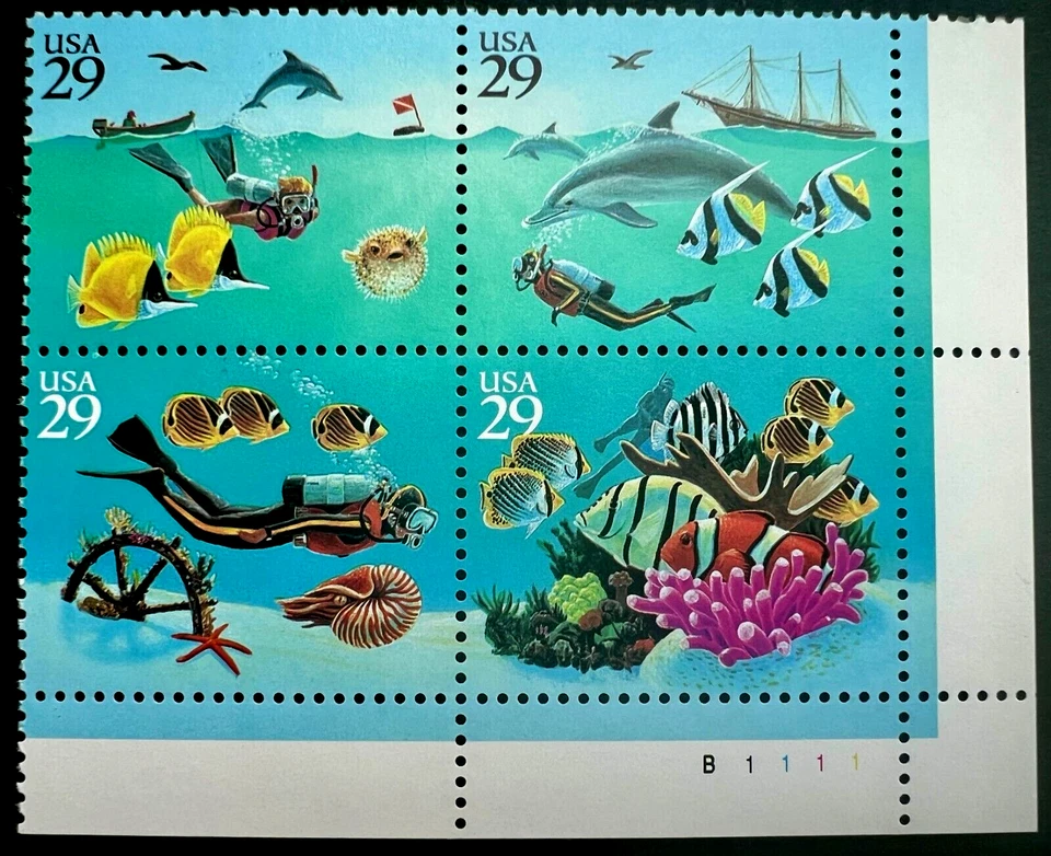Scott#: 2863-2866 - Wonders of the Sea 4x29¢ 1994 BCA Plate Block of Four MNHOG - Image 1 of 1