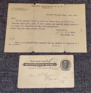1902 Starke FL Order to Report to Armory Handwritten Postcard & Typed Letter - Picture 1 of 5