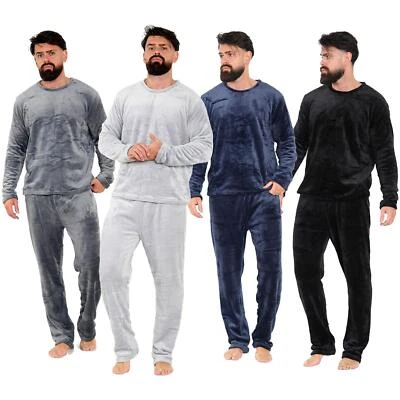 Herren Schlafanzug weich warm Fleece Erwachsene Rundhals Pyjama 2-teilig Geschenkset für Herren - Bild 1 von 2