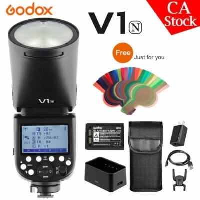 US Godox V1-N 2.4G TTL HSS 1/8000s Round Head Camera Flash Light For Nikon+Gift - Image 1 of 4