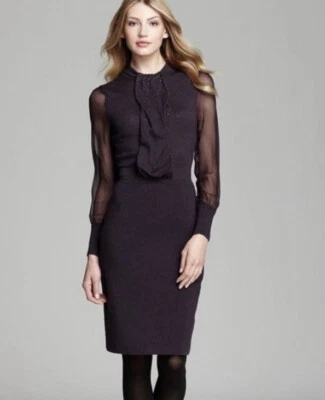 Tory Burch XS Ruffle Front Navy Blue Abitha Dress Silk Sequin Bow  Long Sleeve - Image 1 of 4