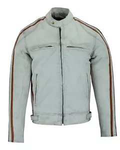 Chaqueta de Cuero de Motocicleta Clásica Gris Sucio para Hombre Motociclista Bronceado y Rayas Verdes - Imagen 1 de 4