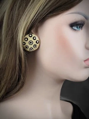 Large Round Cream Black Polka Dot Enamel Clip On Button Earrings 1 1/4" Vintage - Image 1 of 4