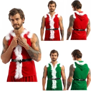 Mens Santa Claus Costume Christmas Sleeveless Faux Fur Velvet Hoodie Vest Tops - Picture 1 of 45