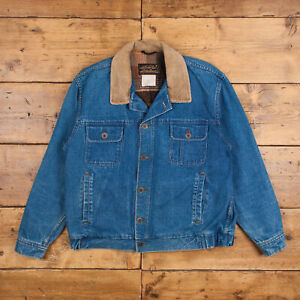 Vintage Eddie Bauer Workwear Jacket L 80s Denim Blanket Lined USA Made Blue