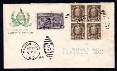 US 1927 NOV. 29 SPECIAL DELIVERY Sc. #E15 ON FDC TIED WASHINGTON D.C. TO BEVERLY - Image 1 of 2