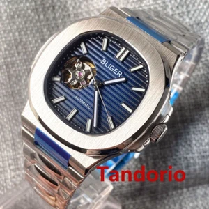 Cristal de zafiro 40 mm movimiento automático esfera azul NH38 correa mental caja cuadrada  - Imagen 1 de 20