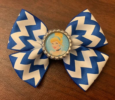 Cinderella Disney Princess Blue Chevron Bottle Cap 4.5-Inch Girls Hair Bow - Image 1 of 4