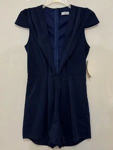 TOBI Deep V Neck Romper Women’s Medium New Lined Navy Blue Shorts Cap Sleeve Zip - Picture 1 of 11