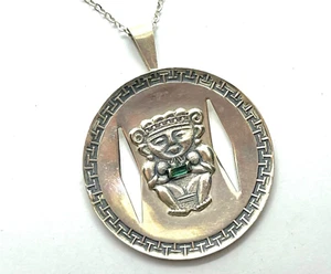 Large Vintage Colombian 900 Silver Emerald Deity Disk Pendant Necklace - Picture 1 of 9
