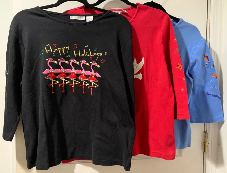 Lote de 3 tops navideños de algodón Allyson Whitmore con diferentes apliques para mujer L Foto 1 de 4