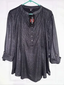Top tunica Cocomo donna più sei 2x nero scintillante 1/3 bottoni davanti nuovo con etichette - Foto 1 di 6