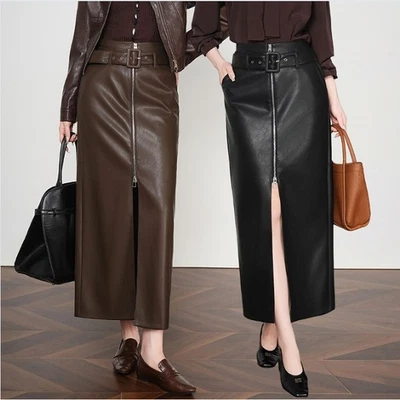 Winter New Genuine Leather Skirts Women's High Waist Slimming Split Long Skirts - Image 1 of 4