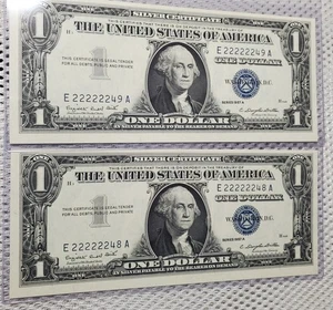 1957 $1 Fancy Serial Numbers Near Solid 6 In A Row 22222248/49 Rare Consecutive  - Picture 1 of 9