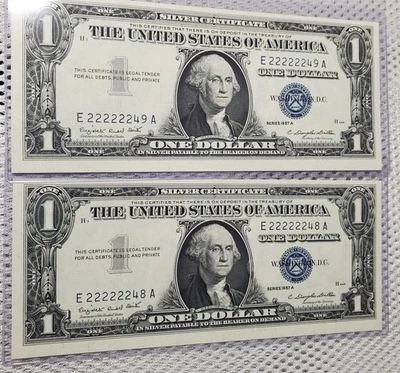 1957 $1 Fancy Serial Numbers Near Solid 6 In A Row 22222248/49 Rare Consecutive  - Image 1 of 4