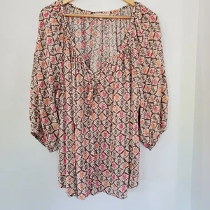 ROSE & THYME 3X Tan Boho Geo 3/4 Sleeve Pullover Blouse V Neck String Tie Flowy - Picture 1 of 13