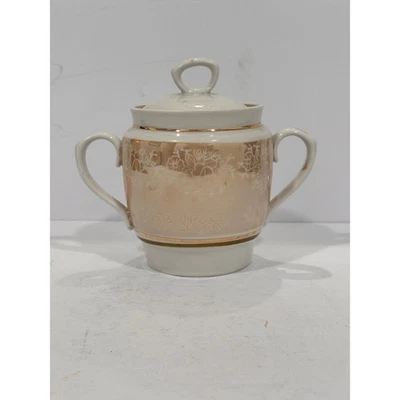 Azúcarero vintage de porcelana blanca con tapa diseño floral dorado dos asas Foto 1 de 4