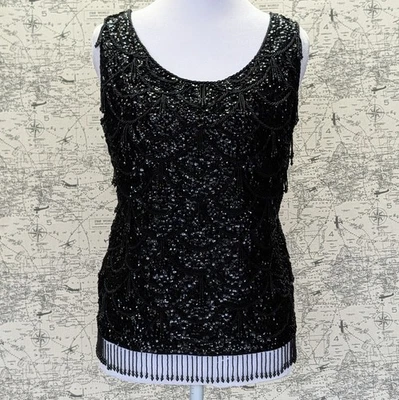 Camiseta sin mangas vintage años 60 KENZAR negra lentejuelas con cuentas flecos aleta talla M Foto 1 de 4