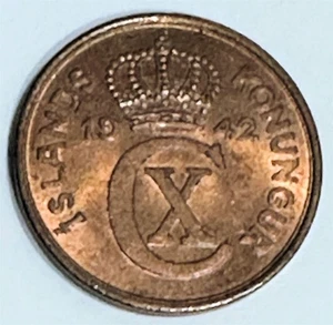 Iceland - 1942 5 Aurar KM#7.2 in Red Brown Unc - Picture 1 of 2