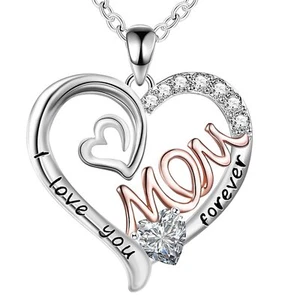 GemJelry Mom's Necklace Gift - Heart Pendant Rhinestone Jewelry with Box for ... - Picture 1 of 8