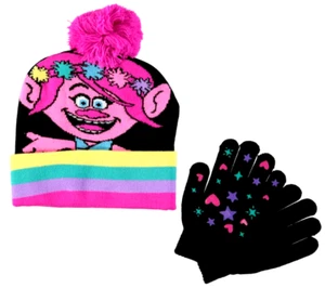DreamWorks Girls Trolls World Tour Pom Pom Winter Hat & Glove 2 PieceSet - Picture 1 of 4
