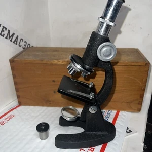 Vtg Microscope ATCO No. 1364-B Wood Box Japan w/ Prepared Slide W/Illuminator - Picture 1 of 8