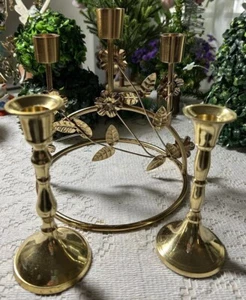 Taper Candle Ring Holder 3 Tier Metal Three Arm Gold With Flowers 2 Add. Holders - Picture 1 of 14