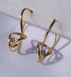 Unusual Gold Plated 2.5” Boho Ear Cuff Wrap Earrings Rhinestones Eye Catching - Picture 1 of 11