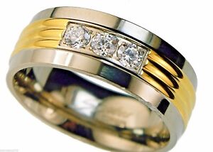 3 stone cz 8mm wedding band Stainless Steel 14k gold overlay ring siz 13 T66