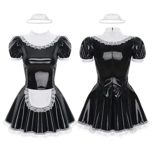 Patent Leather Sexy Maid Shiny Metallic Dress Wet Look Cosplay Party Dress Up - Picture 1 of 29