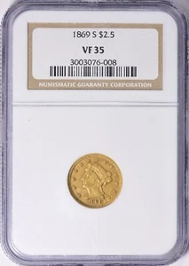 1869-S LIBERTY HEAD $2.5 QUARTER EAGLE GOLD NGC VF35 - Picture 1 of 3