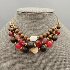 Beaded Boho Necklace Wood Bead Red Acrylic Shell Center Multistrand 17" - Imagen 1 de 11