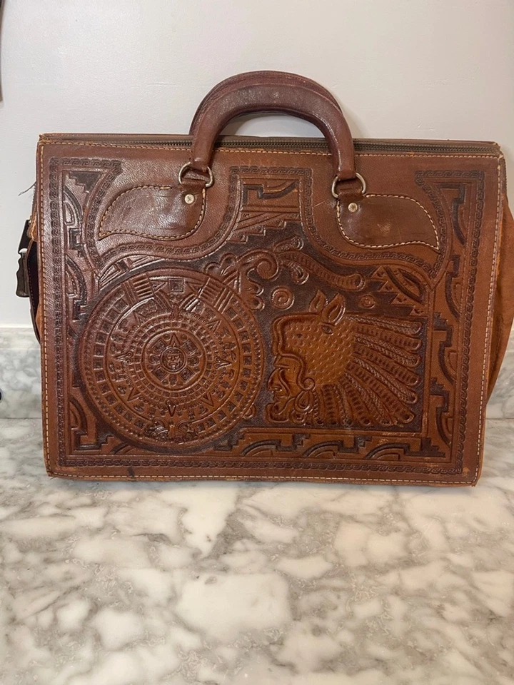 Vintage Hand Tooled Leather Briefcase Aztec Calendar Eagle Design Brown Bag - Image 1 of 4