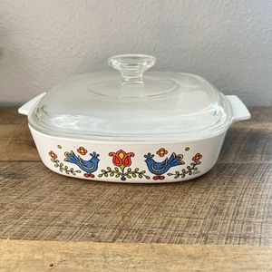 Plato para hornear de colección CORNING Ware Country Festival 1 Qt pájaros azules con tapa Pyrex - Imagen 1 de 8