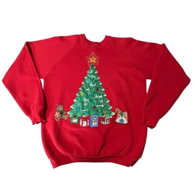 Vintage Christmas Ugly Sweatshirt Fruit of the Loom Puff Paint Jewels Bear Sz XL - Image 1 of 4