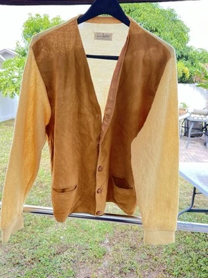 Vtg Dupont Quilon Wool  Leather Cardigan Sweater Men Rockabilly Jacket Golf Sz L - Image 1 of 4