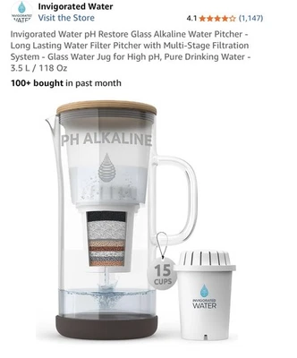 pH Restore Glass Alkaline Water Pitcher - Long Lasting Water Filter Pitcher 3.5L - Image 1 of 4