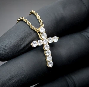 Iced Cz Elegant Small Yellow Gold Hip Hop Cross Pendant Rope Chain Necklace - Picture 1 of 4